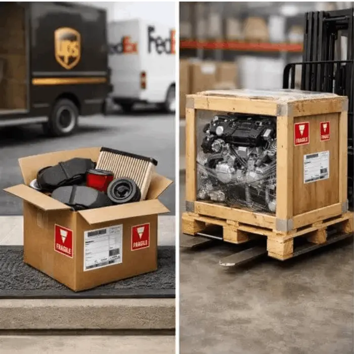 Auto parts carefully packaged for worldwide shipping
